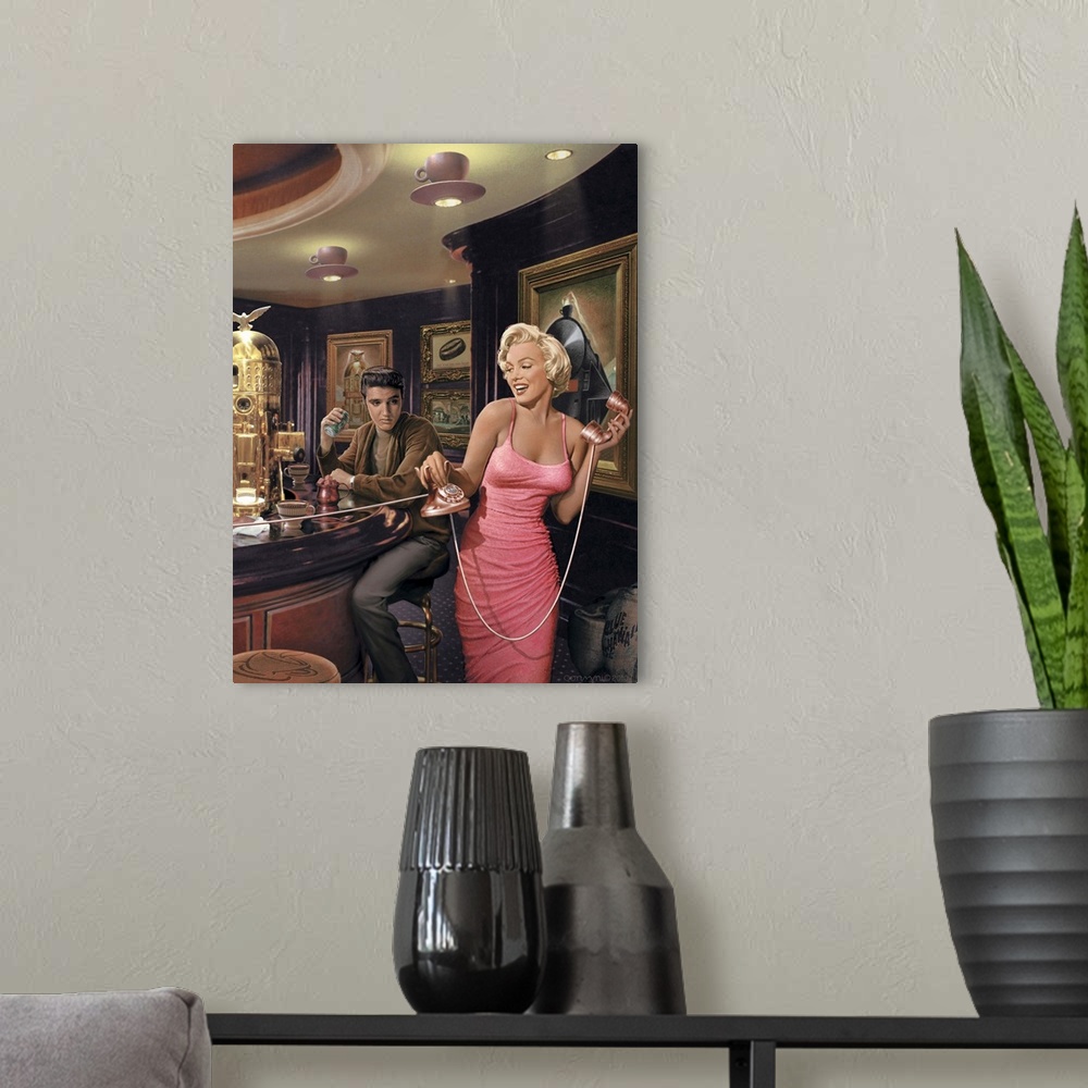A modern room featuring Digital fine art image of Marilyn Monroe and Elvis Presley at a vintage themed bar.