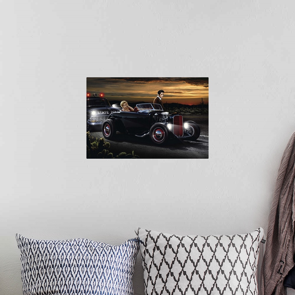 A bohemian room featuring Digital art painting of Marilyn and Elvis in a roadster being pulled over by the State Police by ...