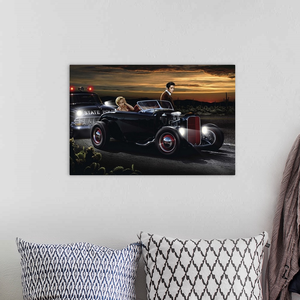 A bohemian room featuring Digital art painting of Marilyn and Elvis in a roadster being pulled over by the State Police by ...