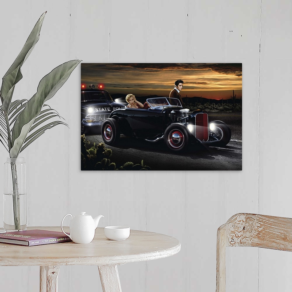 A farmhouse room featuring Digital art painting of Marilyn and Elvis in a roadster being pulled over by the State Police by ...