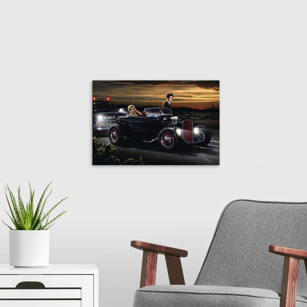 A modern room featuring Digital art painting of Marilyn and Elvis in a roadster being pulled over by the State Police by ...