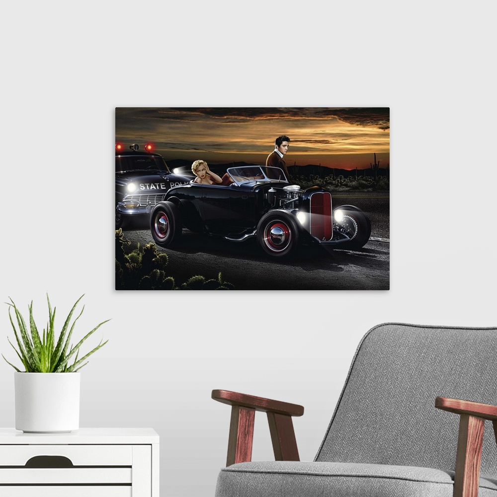 A modern room featuring Digital art painting of Marilyn and Elvis in a roadster being pulled over by the State Police by ...