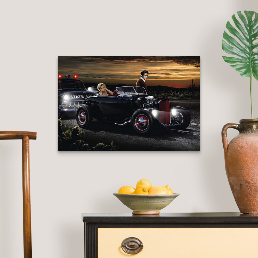 A traditional room featuring Digital art painting of Marilyn and Elvis in a roadster being pulled over by the State Police by ...