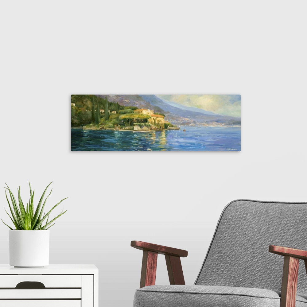 A modern room featuring Fine art oil painting landscape of an Italian villa overlooking Lake Como with mountains rising i...