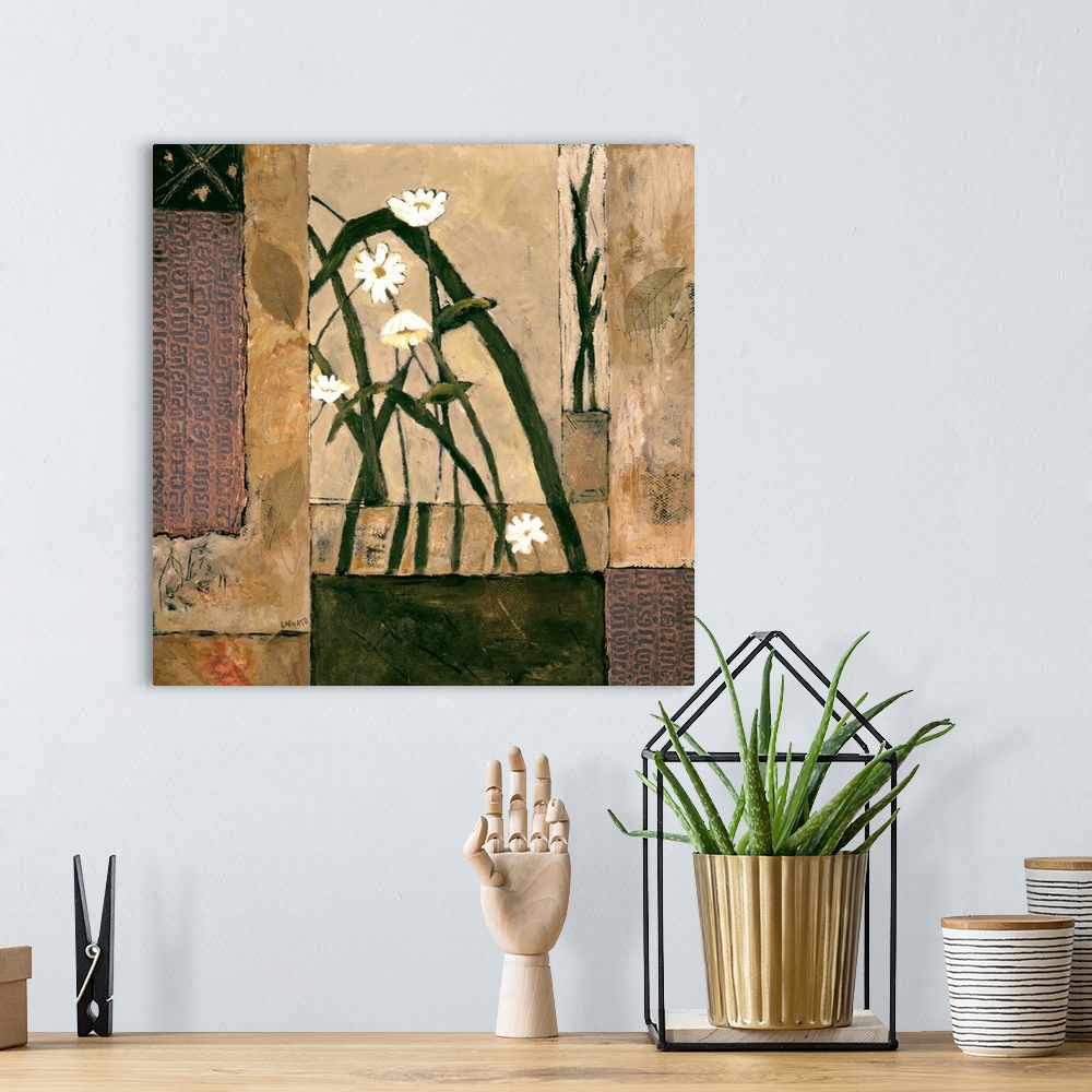 A bohemian room featuring Contemporary painting of daisy blooms with leaves and a geometric style background.
