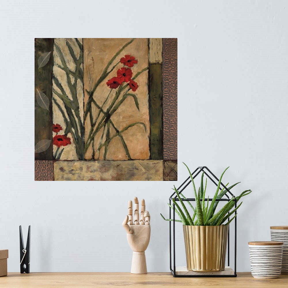 A bohemian room featuring Contemporary painting of red poppy blooms with leaves and a geometric style background.