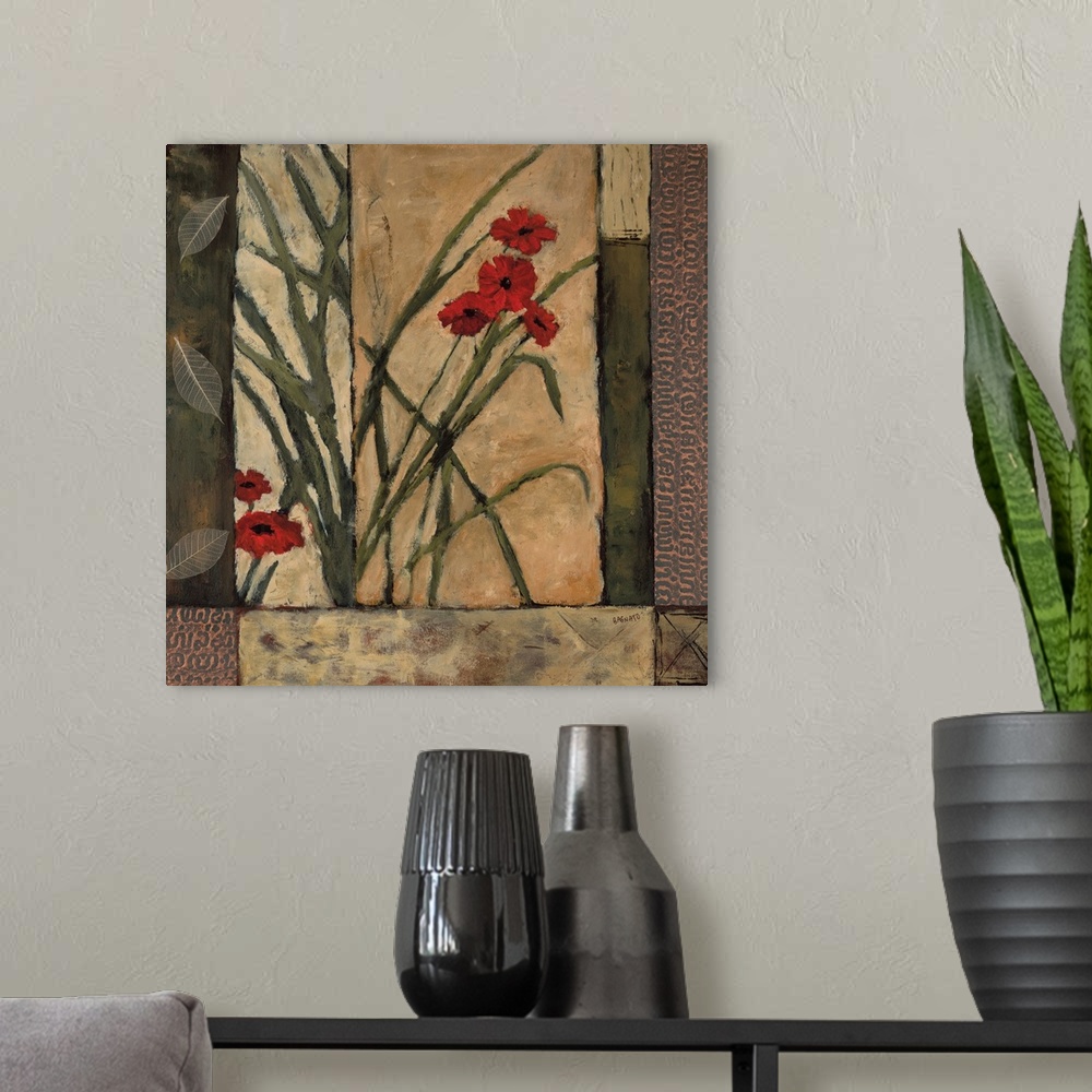 A modern room featuring Contemporary painting of red poppy blooms with leaves and a geometric style background.