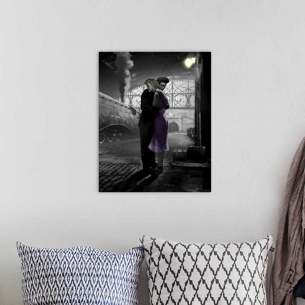 A bohemian room featuring Painting of Marilyn Monroe and Elvis Presley embracing in a train station.