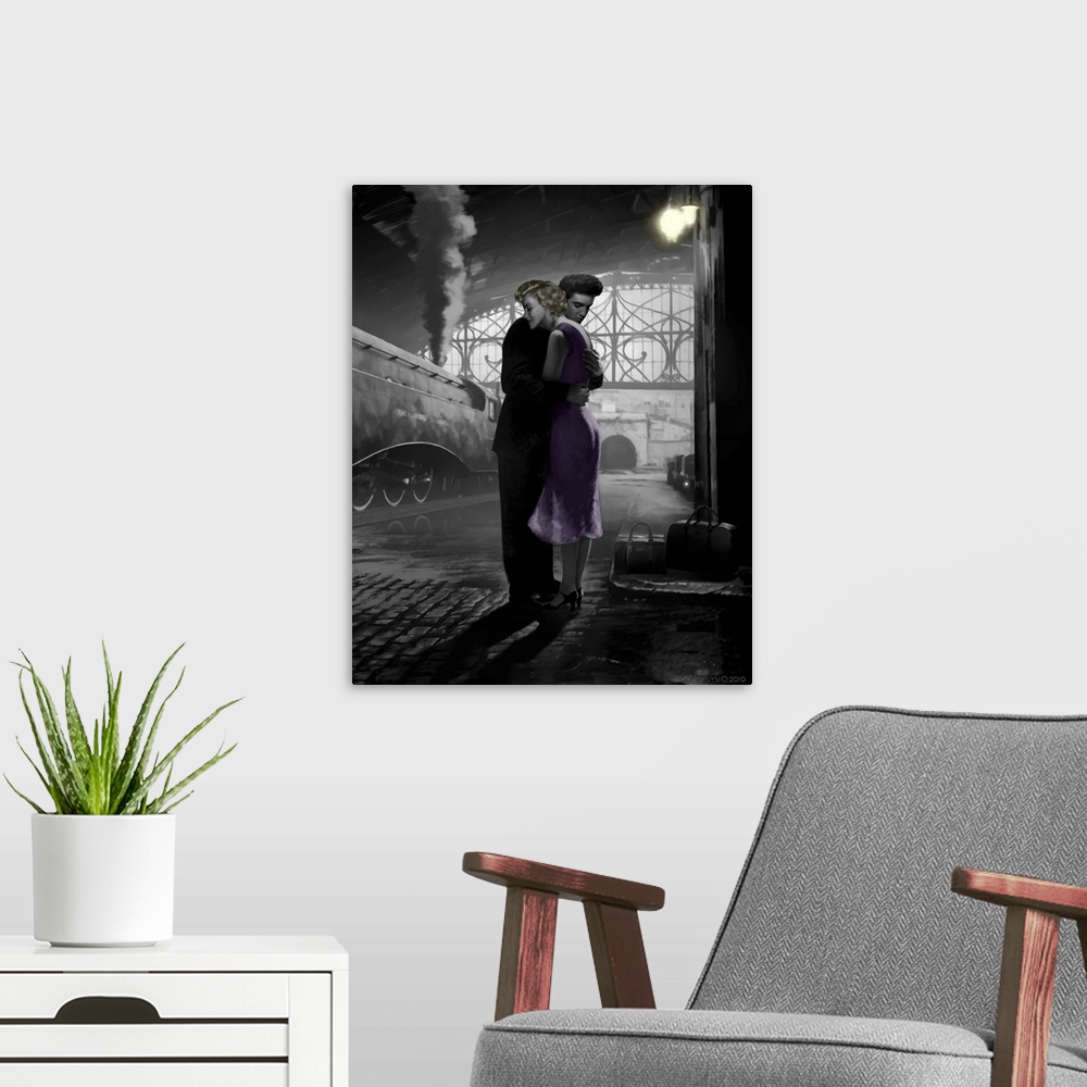 A modern room featuring Painting of Marilyn Monroe and Elvis Presley embracing in a train station.