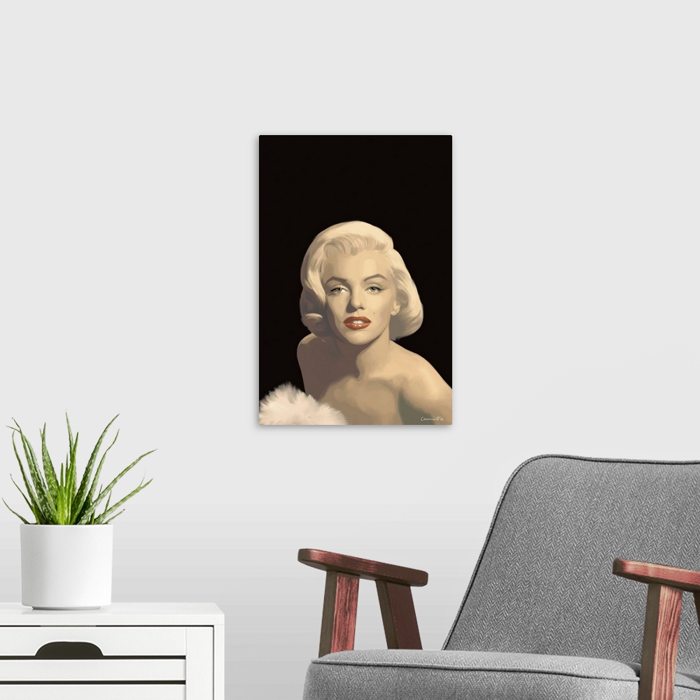 A modern room featuring Classic portrait of actress Marilyn Monroe.