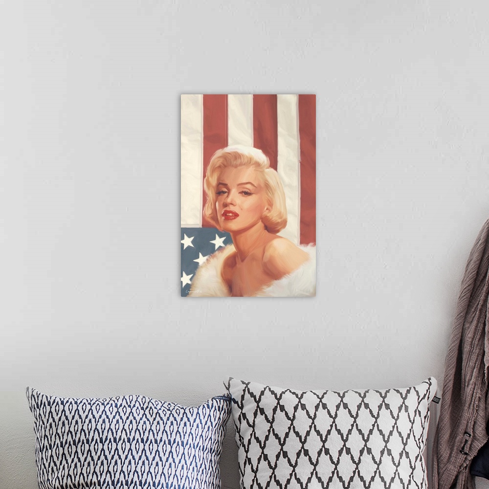 A bohemian room featuring Painting of actress Marilyn Monroe against an American Flag.
