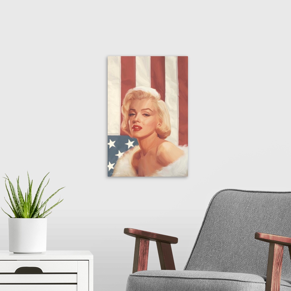 A modern room featuring Painting of actress Marilyn Monroe against an American Flag.