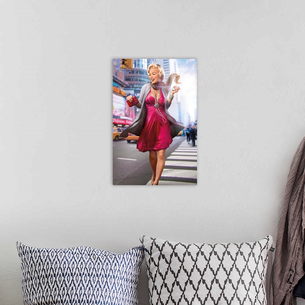 A bohemian room featuring Digital art painting of Marilyn Monroe, in full color, strolling down the avenue in New York City...