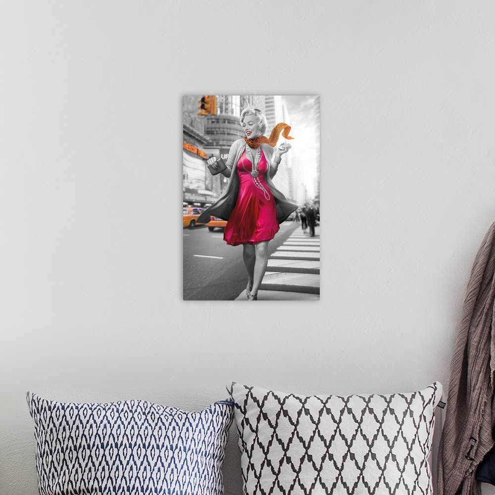 A bohemian room featuring Digital art painting of Marilyn Monroe, in black and white with splashes of orange and fuchsia, s...