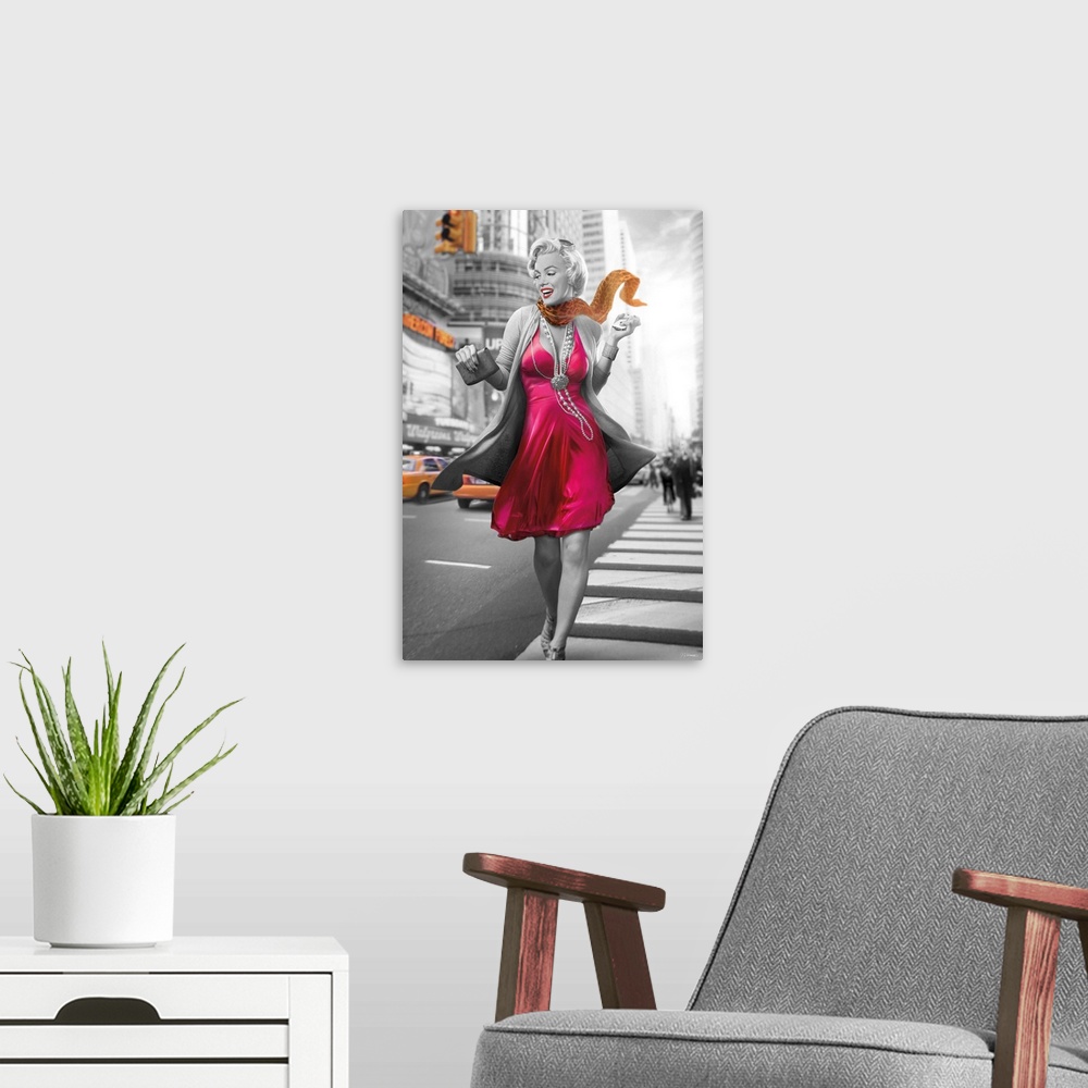 A modern room featuring Digital art painting of Marilyn Monroe, in black and white with splashes of orange and fuchsia, s...