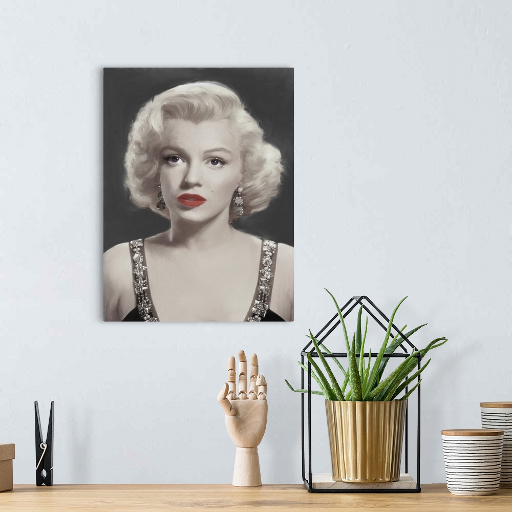 A bohemian room featuring Digital art painting in black and white with spot color, of Marilyn Monroe in Marilyn Musing by J...