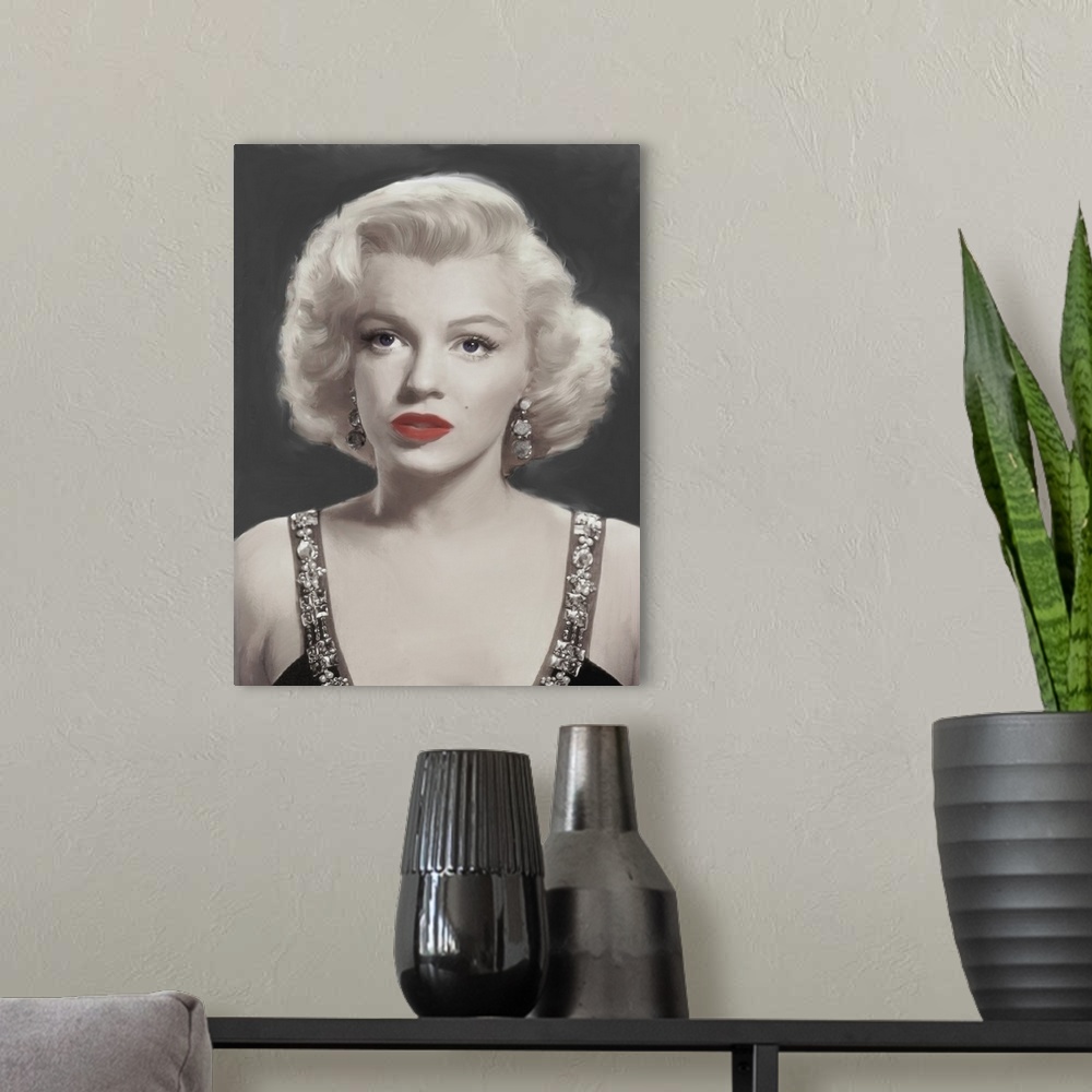 A modern room featuring Digital art painting in black and white with spot color, of Marilyn Monroe in Marilyn Musing by J...
