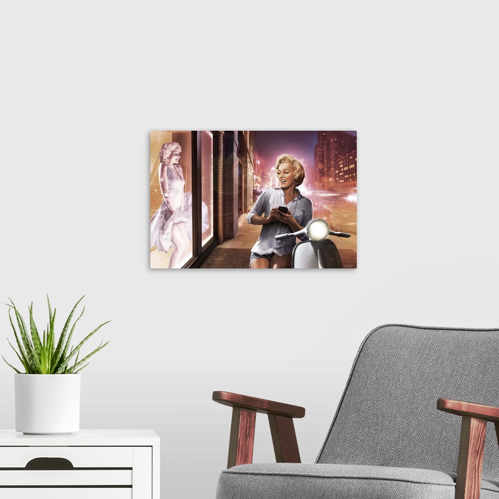 A modern room featuring Digital art painting of Marilyn Monroe, in pastel colors, window shopping in the city by JJ Brando.