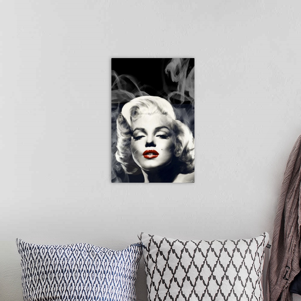 A bohemian room featuring Portrait of actress Marilyn Monroe with red lips and wisps of smoke.