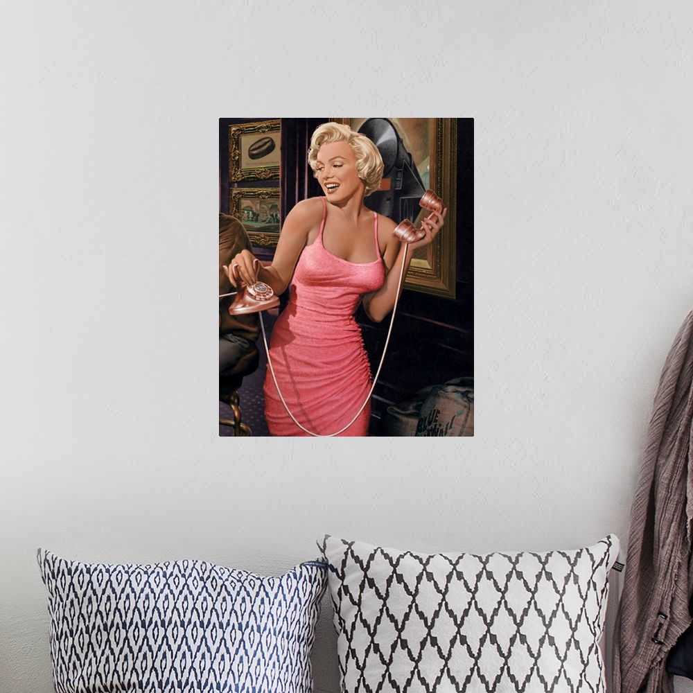 A bohemian room featuring Portrait of Marilyn Monroe in a pink dress holding a classic telephone in a bar setting.