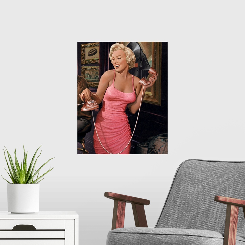 A modern room featuring Portrait of Marilyn Monroe in a pink dress holding a classic telephone in a bar setting.