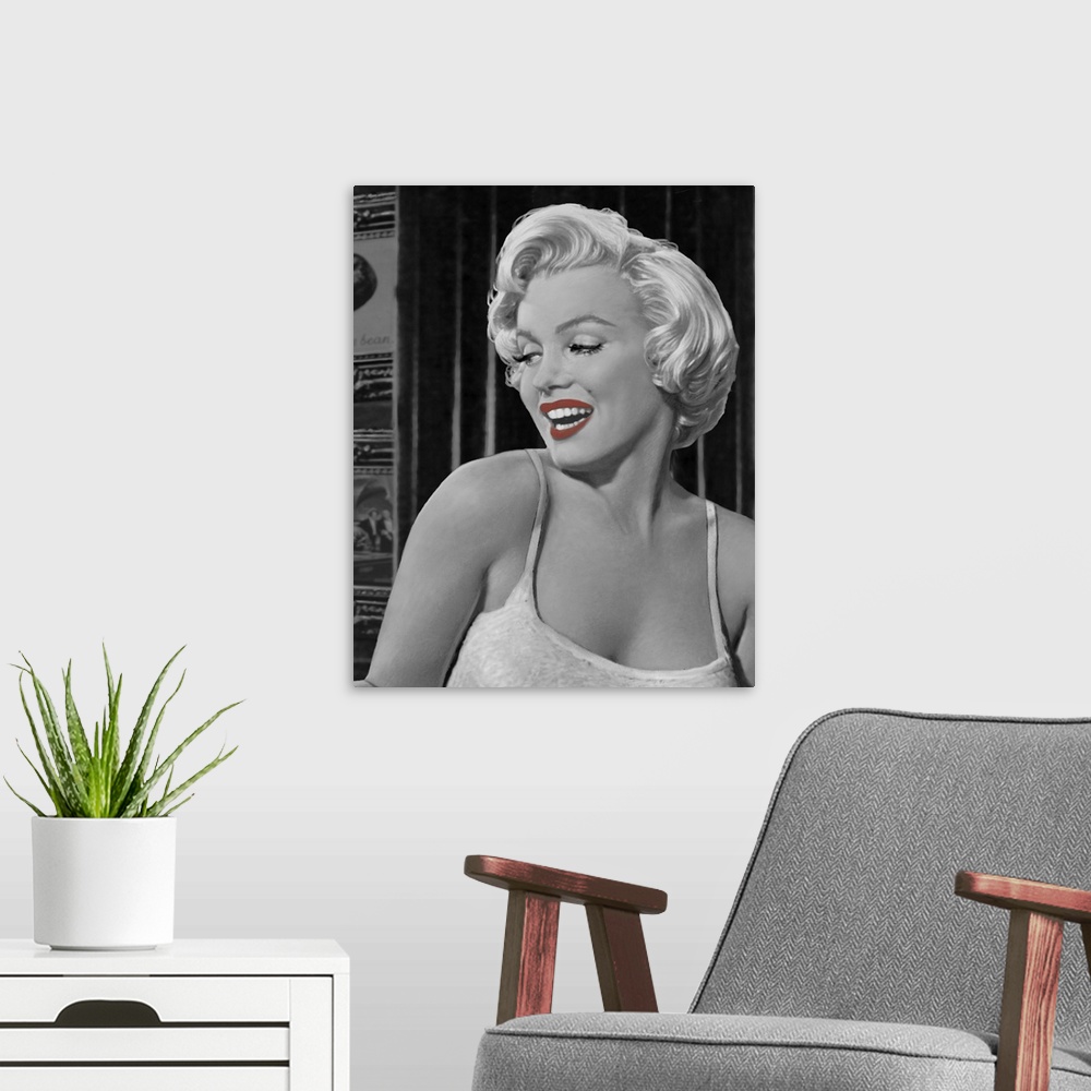A modern room featuring Digital fine art image of Marilyn Monroe in gray tones while her lips are a red shade.