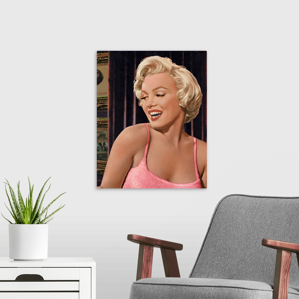 A modern room featuring Digital fine art image of Marilyn Monroe while she looks elegantly over her shoulder.