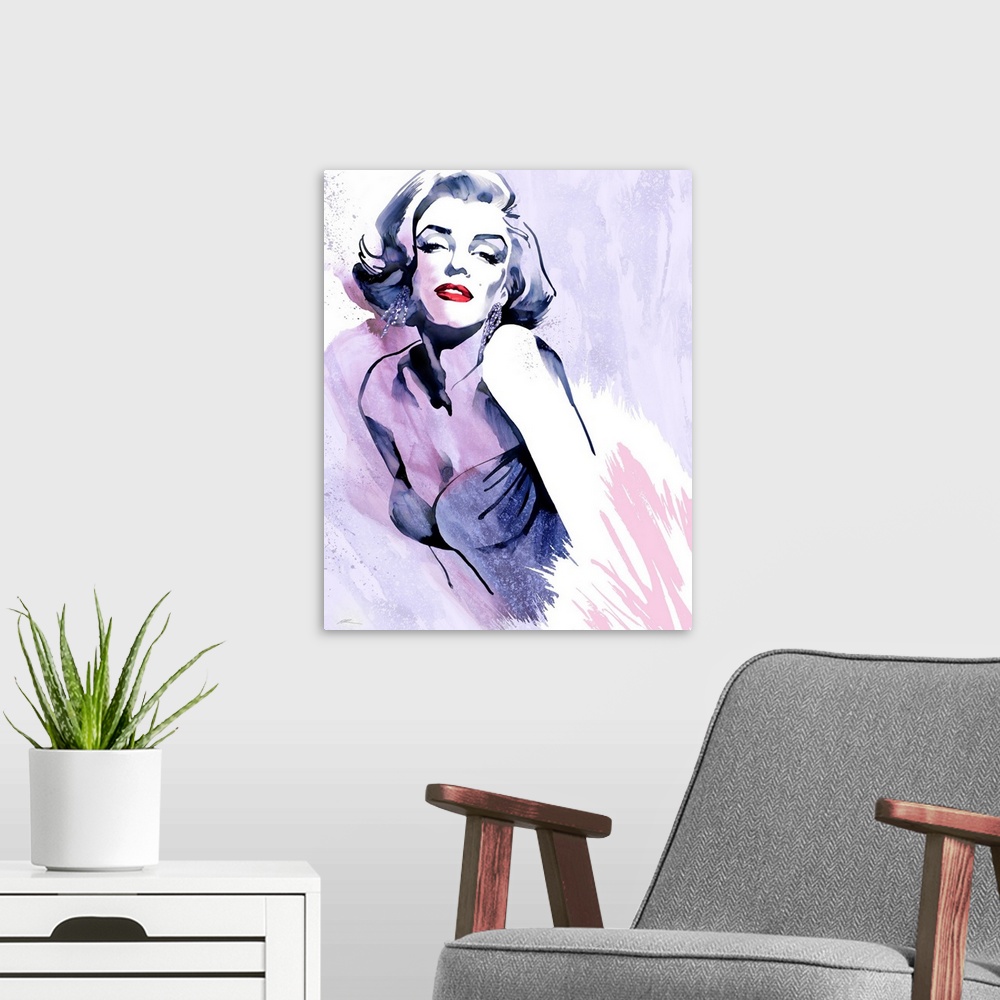 A modern room featuring Marilyn Monroe's fashion pose ion black and white with red lips and a 1980's strapless dress with...