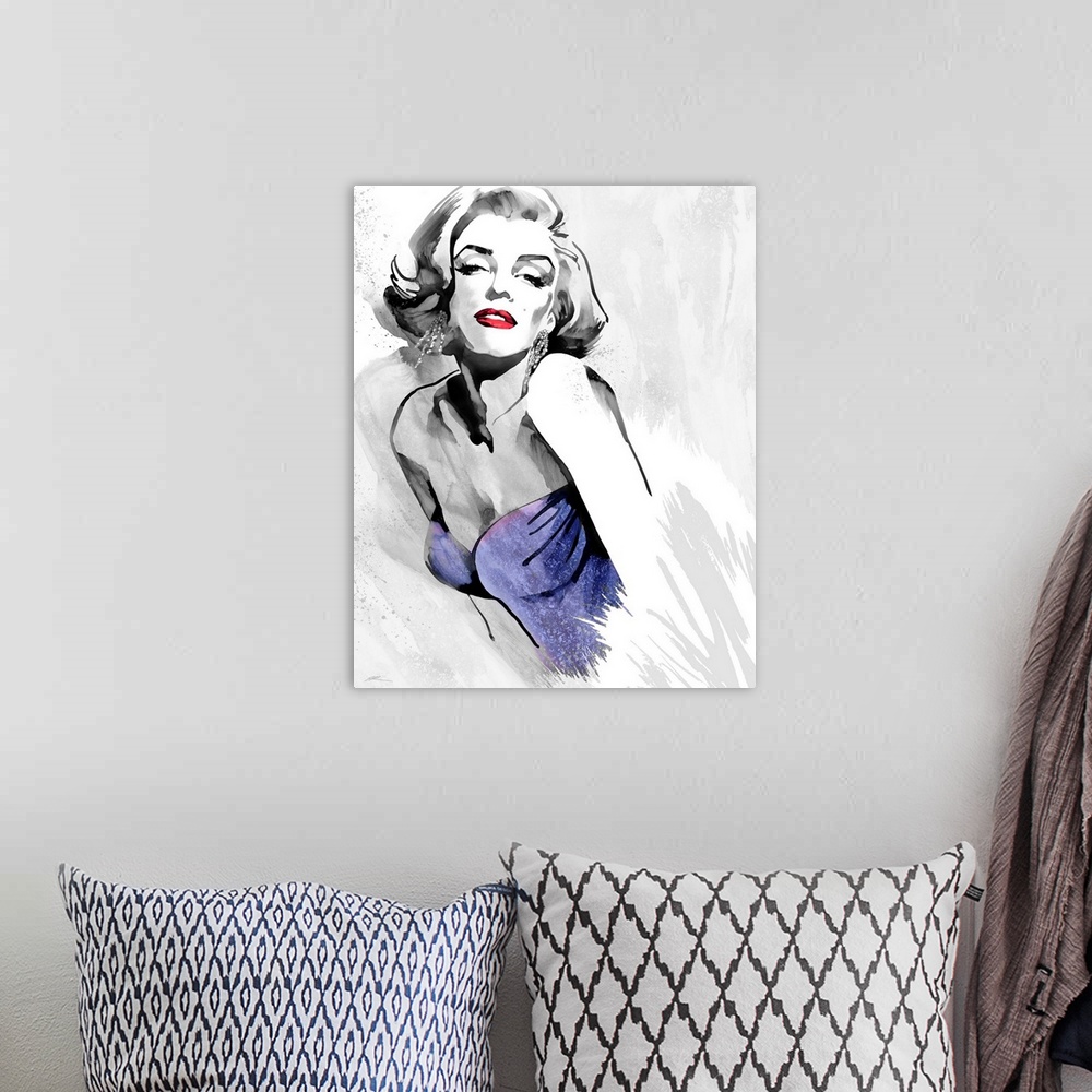 A bohemian room featuring Marilyn Monroe's fashion pose in black and white with red lips and a purple retro 1980's straples...