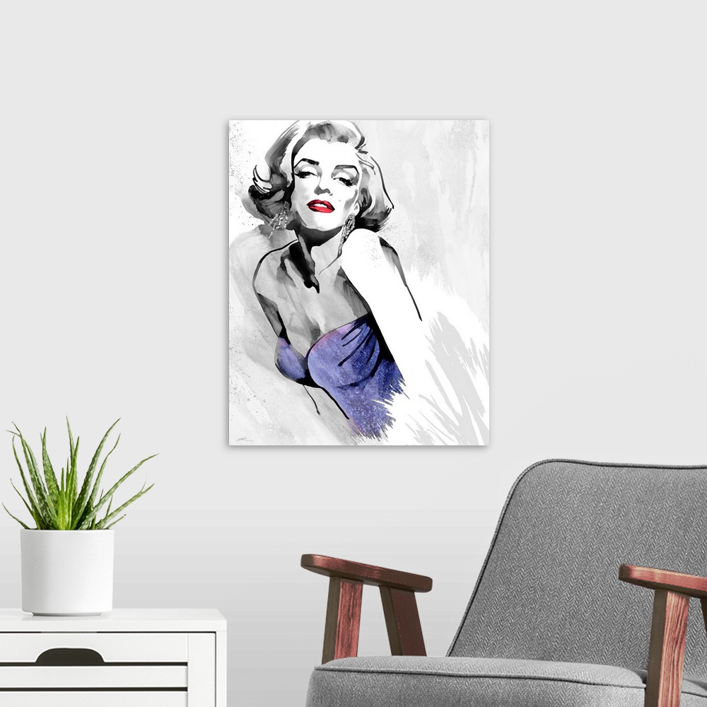 A modern room featuring Marilyn Monroe's fashion pose in black and white with red lips and a purple retro 1980's straples...
