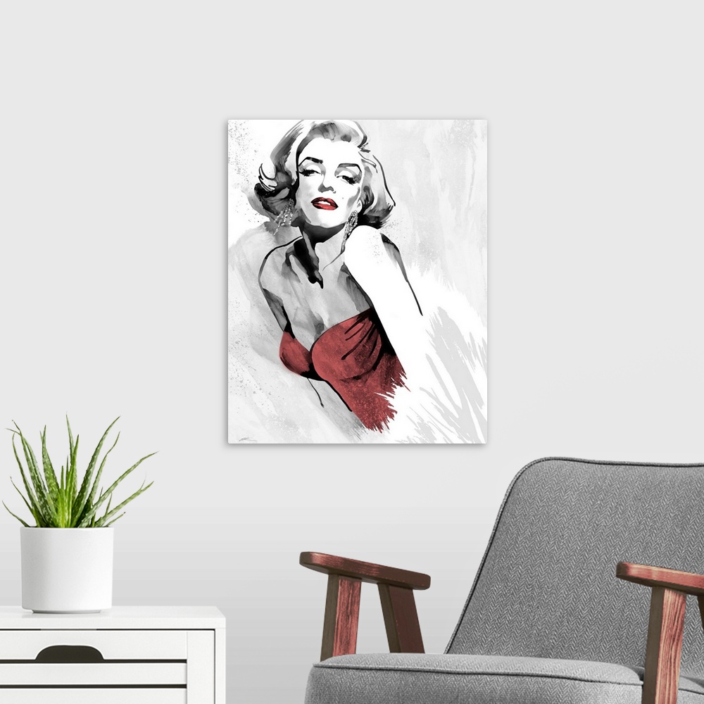 A modern room featuring Marilyn Monroe's fashion pose in black and white with red lips and a red retro 1980's strapless d...