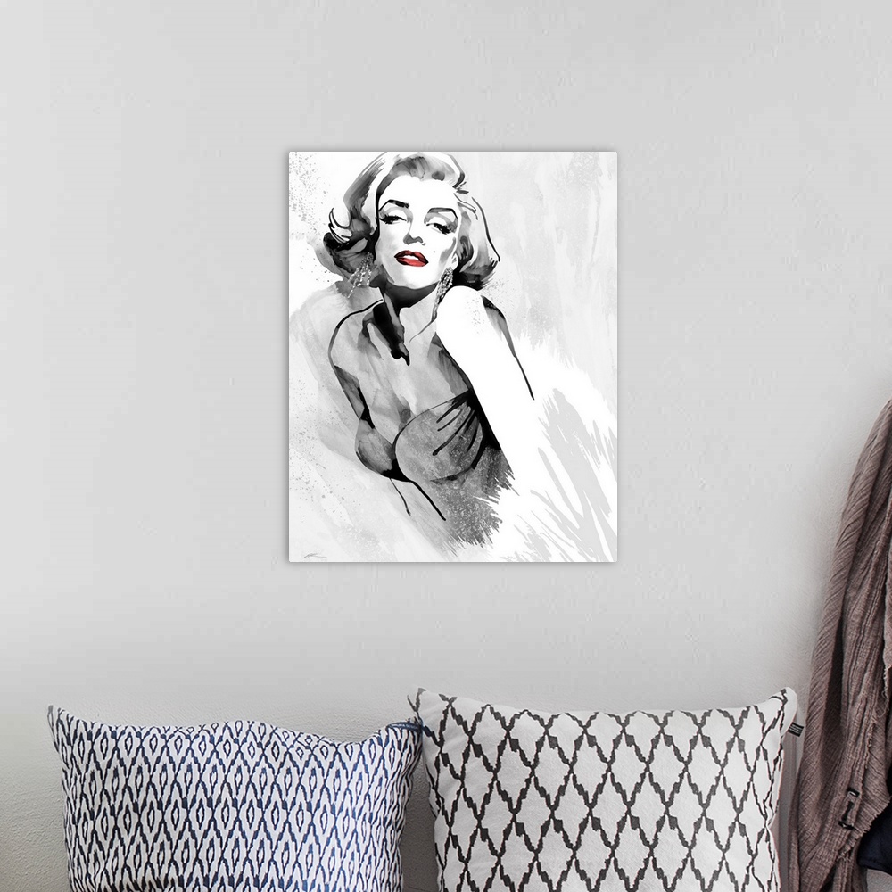 A bohemian room featuring Marilyn Monroe's fashion pose in black and white with red lips and a retro 1980's strapless dress.