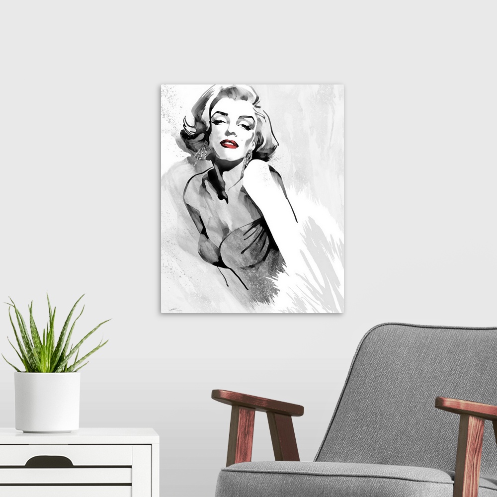 A modern room featuring Marilyn Monroe's fashion pose in black and white with red lips and a retro 1980's strapless dress.