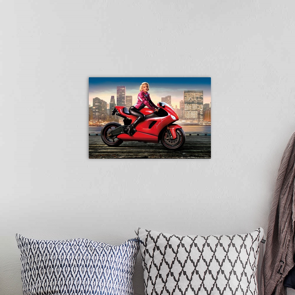 A bohemian room featuring Digital art painting of Marilyn Monroe, in full color, riding her motorcycle in the city by JJ Br...