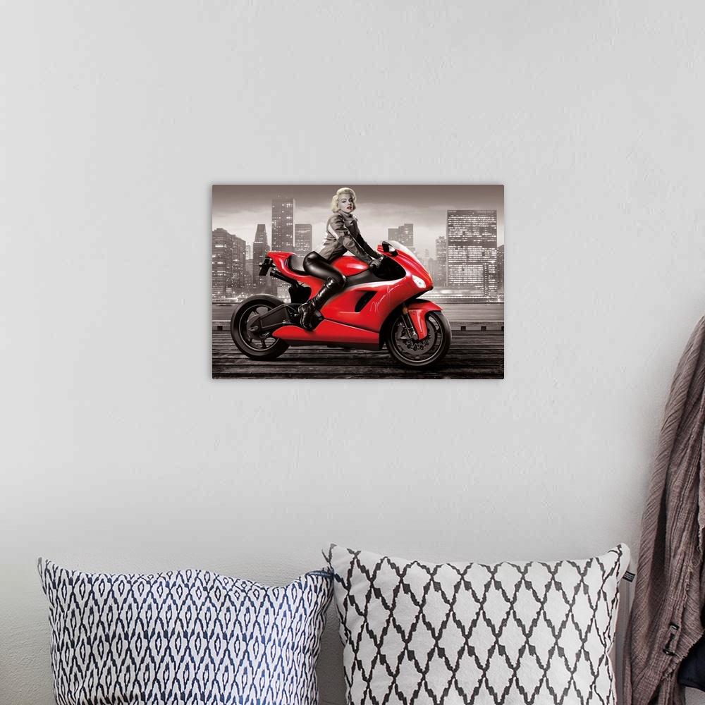 A bohemian room featuring Digital art painting of Marilyn Monroe, in black and white, riding her shiny red motorcycle in th...