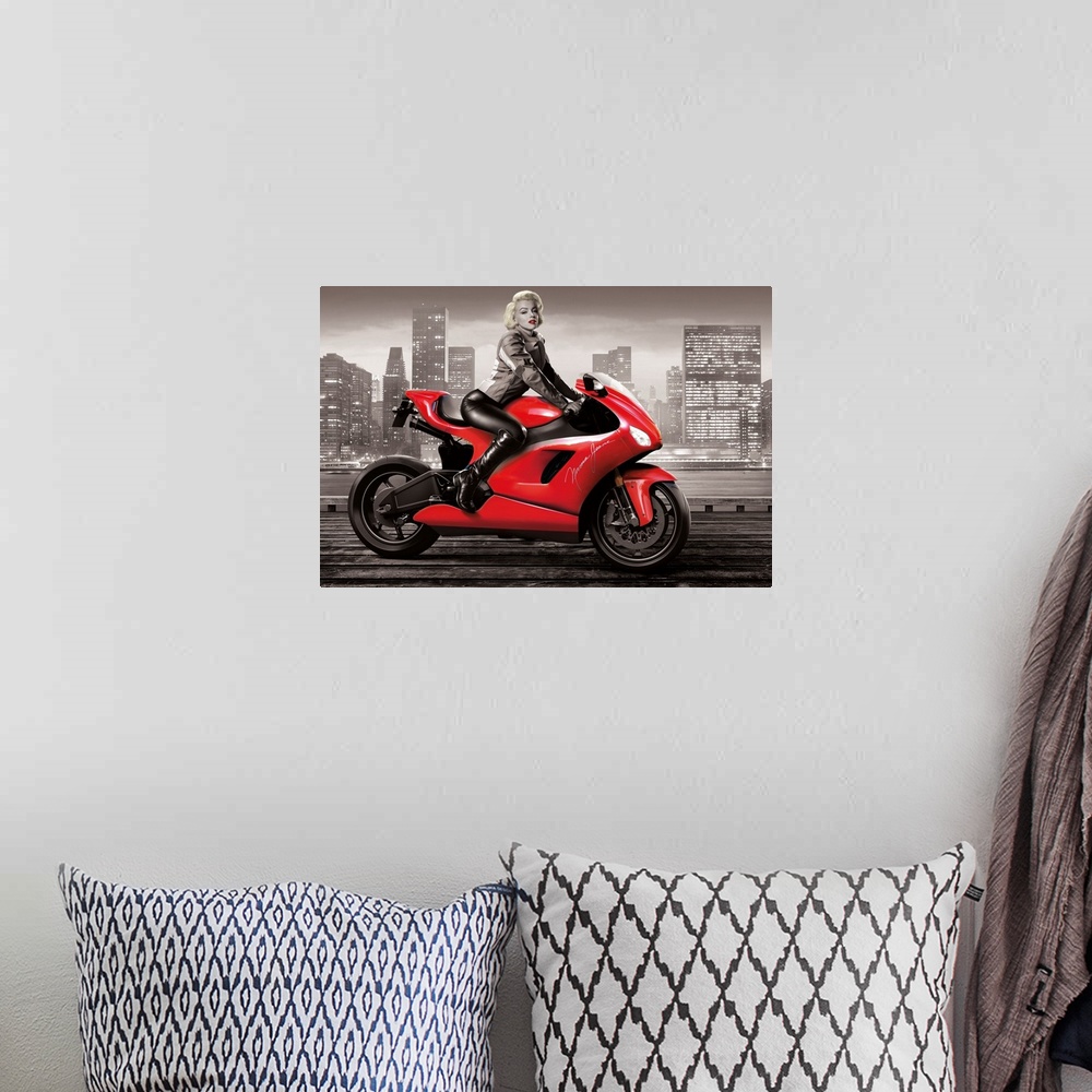 A bohemian room featuring Digital art painting of Marilyn Monroe, in black and white, riding her shiny red motorcycle in th...