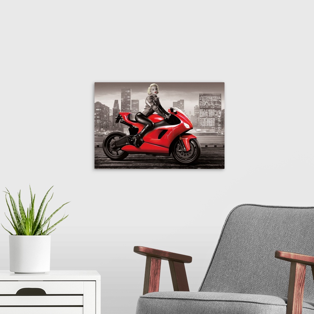 A modern room featuring Digital art painting of Marilyn Monroe, in black and white, riding her shiny red motorcycle in th...