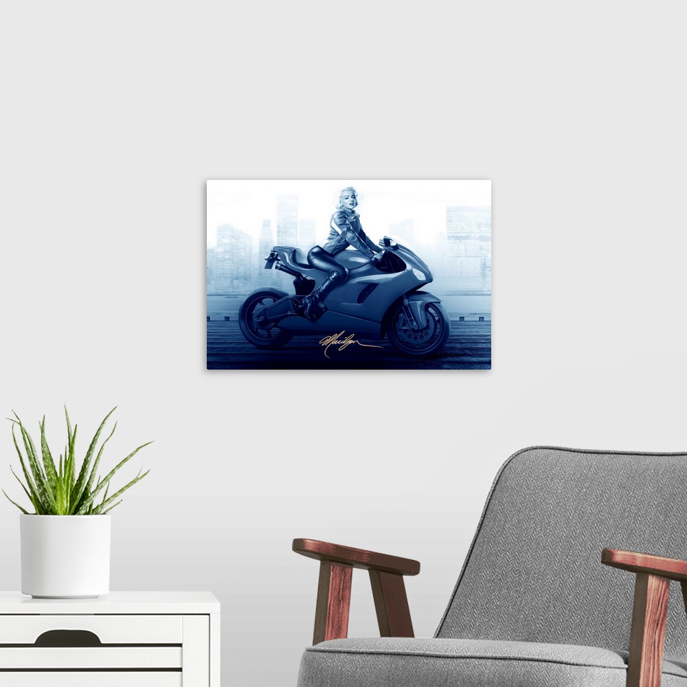 A modern room featuring Marilyn Monroe riding a new model motorcycle.