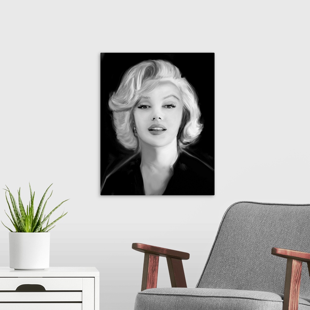 A modern room featuring Digital art painting in black and white of Marilyn Monroe in Marilyn's Whisper by Jerry Michaels.