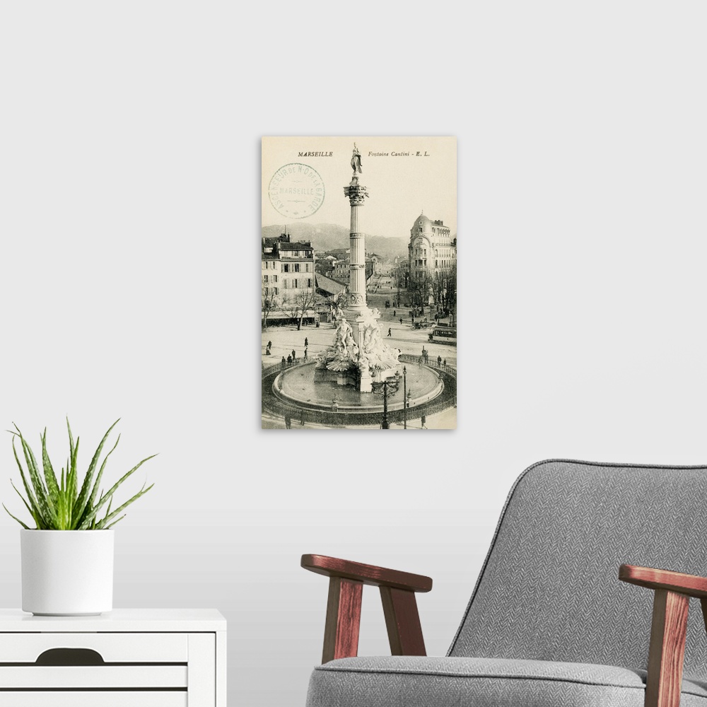 A modern room featuring Vintage postcard of a monument in Marseille, France.