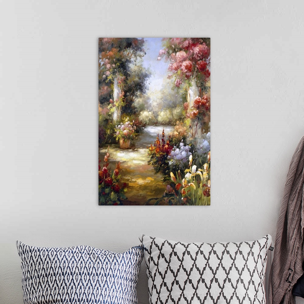 A bohemian room featuring Rococo-style painting of a garden filled with exotic flowers.