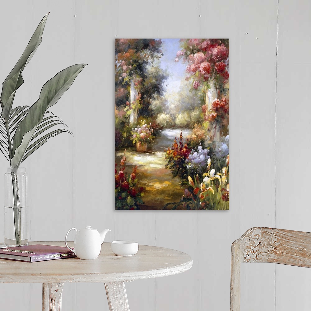 A farmhouse room featuring Rococo-style painting of a garden filled with exotic flowers.