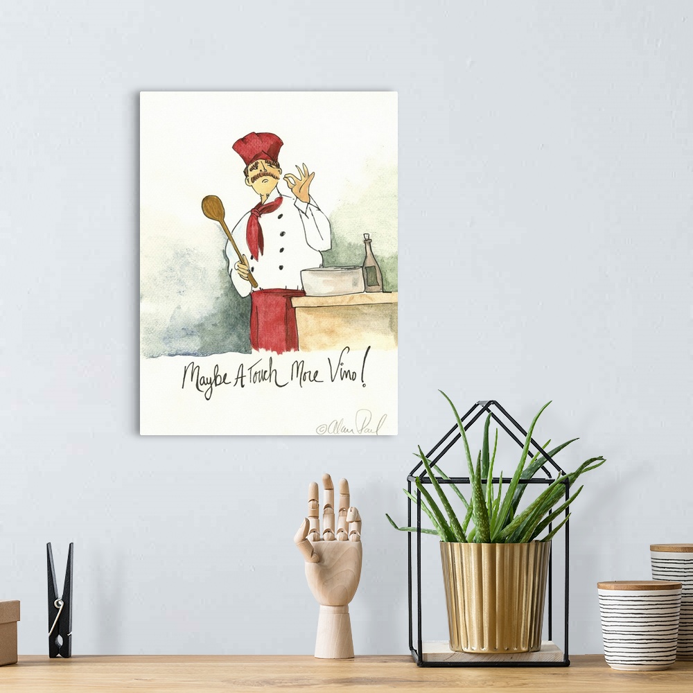 A bohemian room featuring Watercolor painting with pen and ink details of a chef seasoning a dish titled More Vino by Alan ...