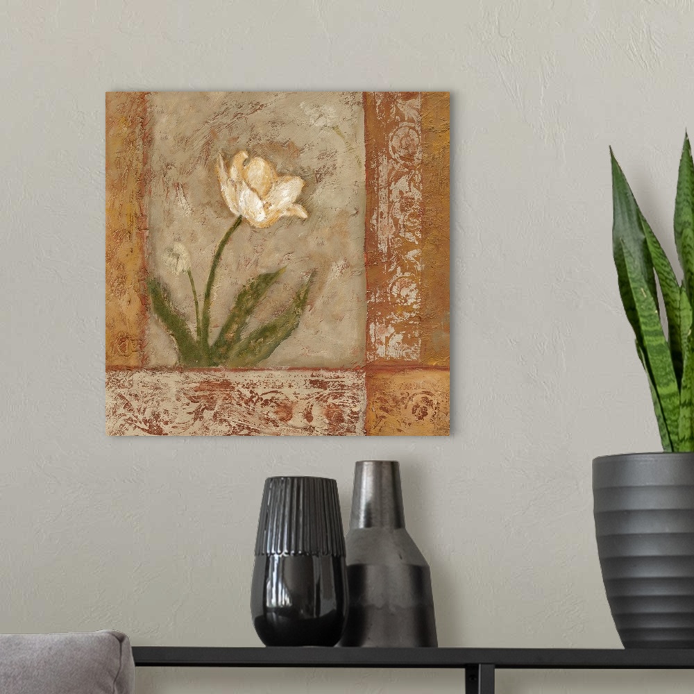 A modern room featuring Contemporary artwork of white flowers in bloom on a textured background.
