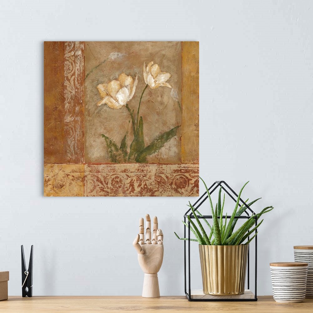 A bohemian room featuring Contemporary artwork of white flowers in bloom on a textured background.