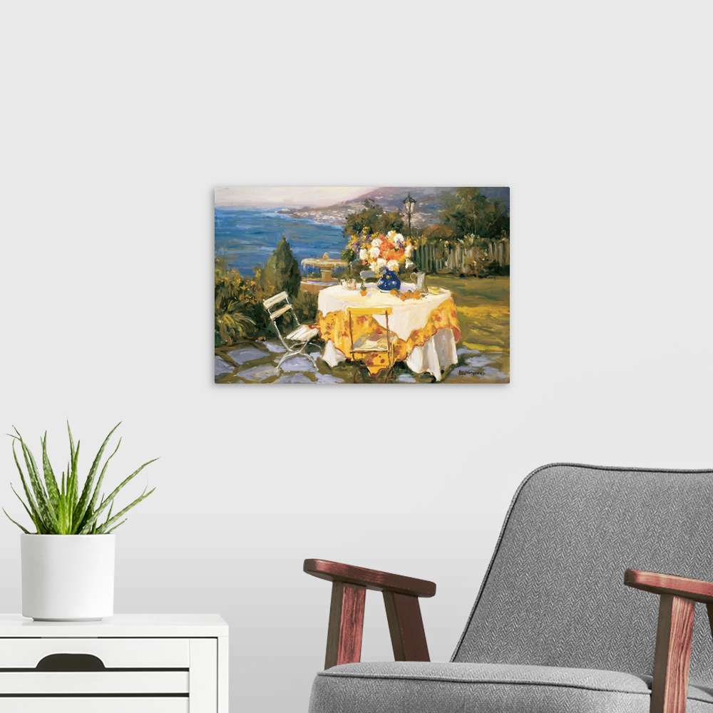 A modern room featuring Fine art oil painting landscape of a seaside cobblestone terrace with a table for two complemente...