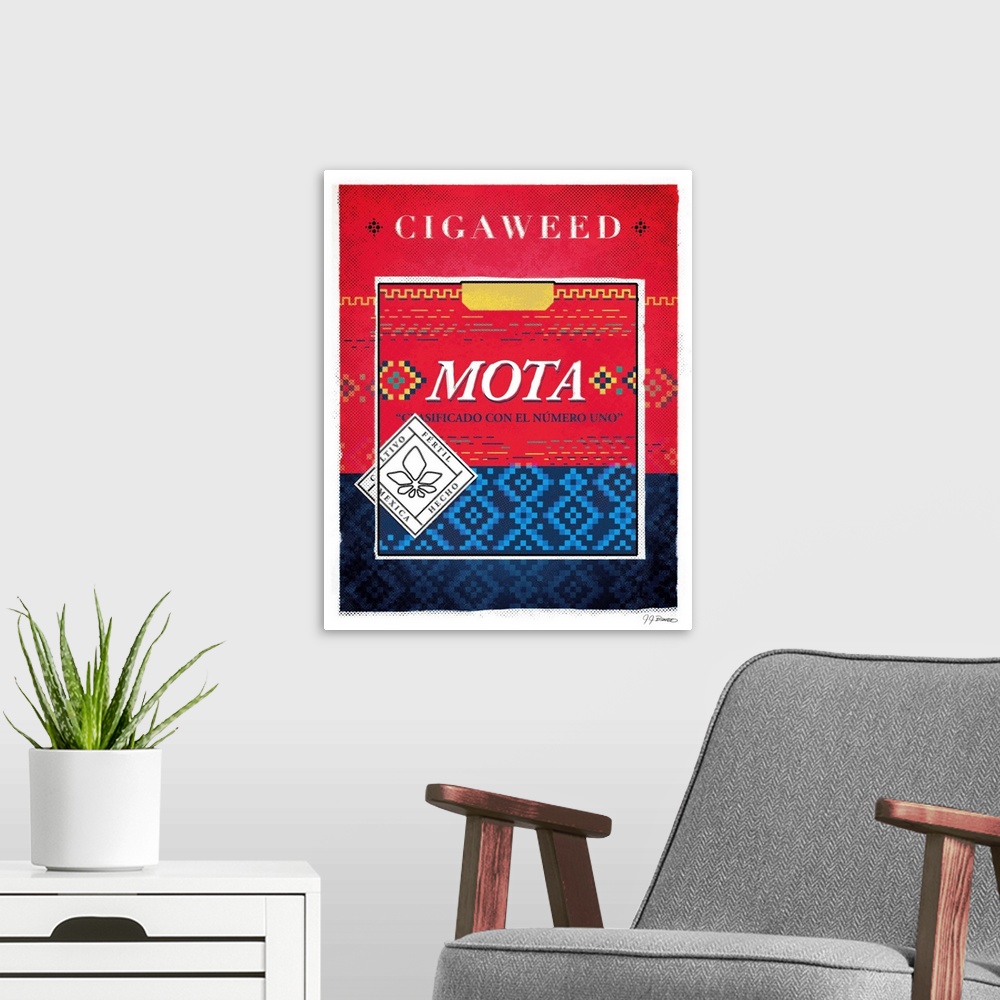 A modern room featuring Digital art painting of a poster titled Mota by JJ Brando.