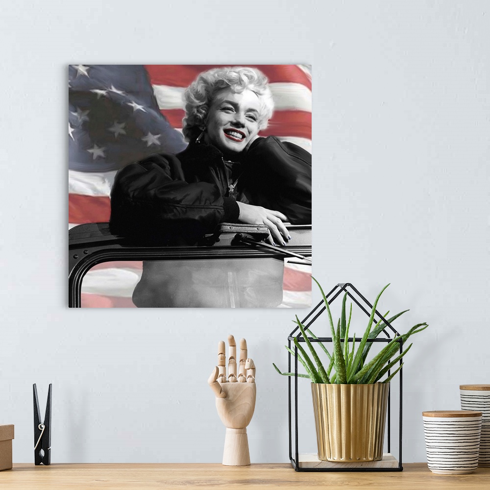 A bohemian room featuring Digital painting of Marilyn Monroe's favorite photo from entertaining the troops during 1954 USO ...