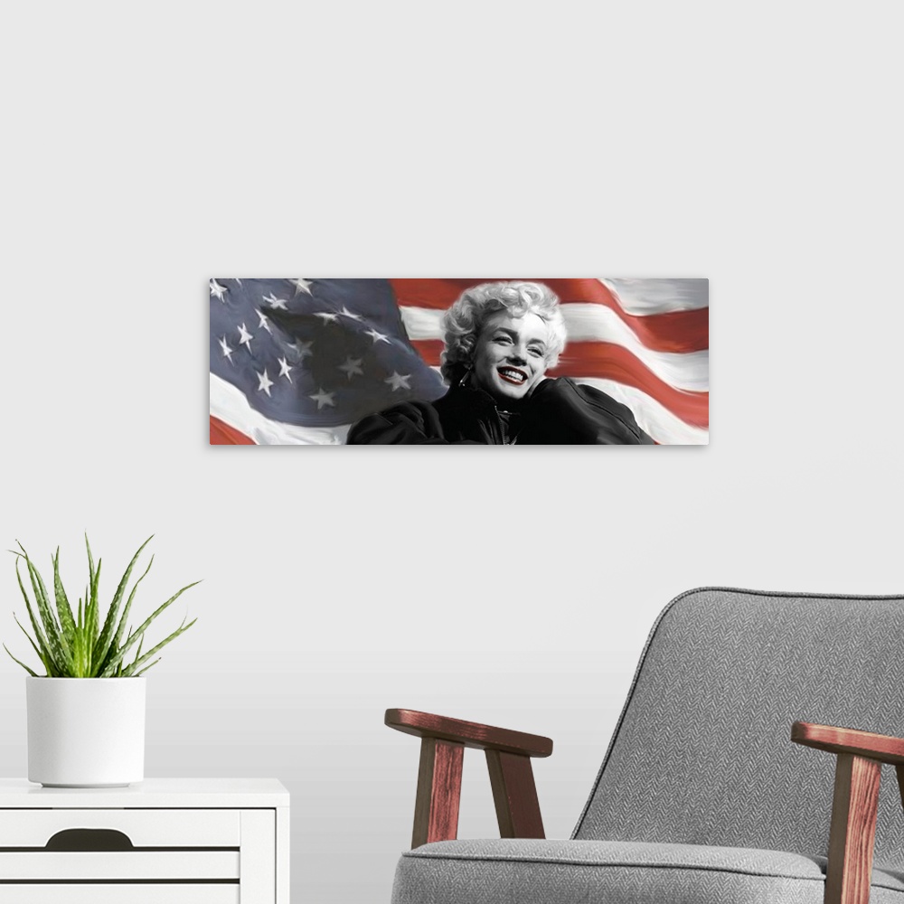 A modern room featuring Digital painting of Marilyn Monroe's favorite photo from entertaining the troops during 1954 USO ...
