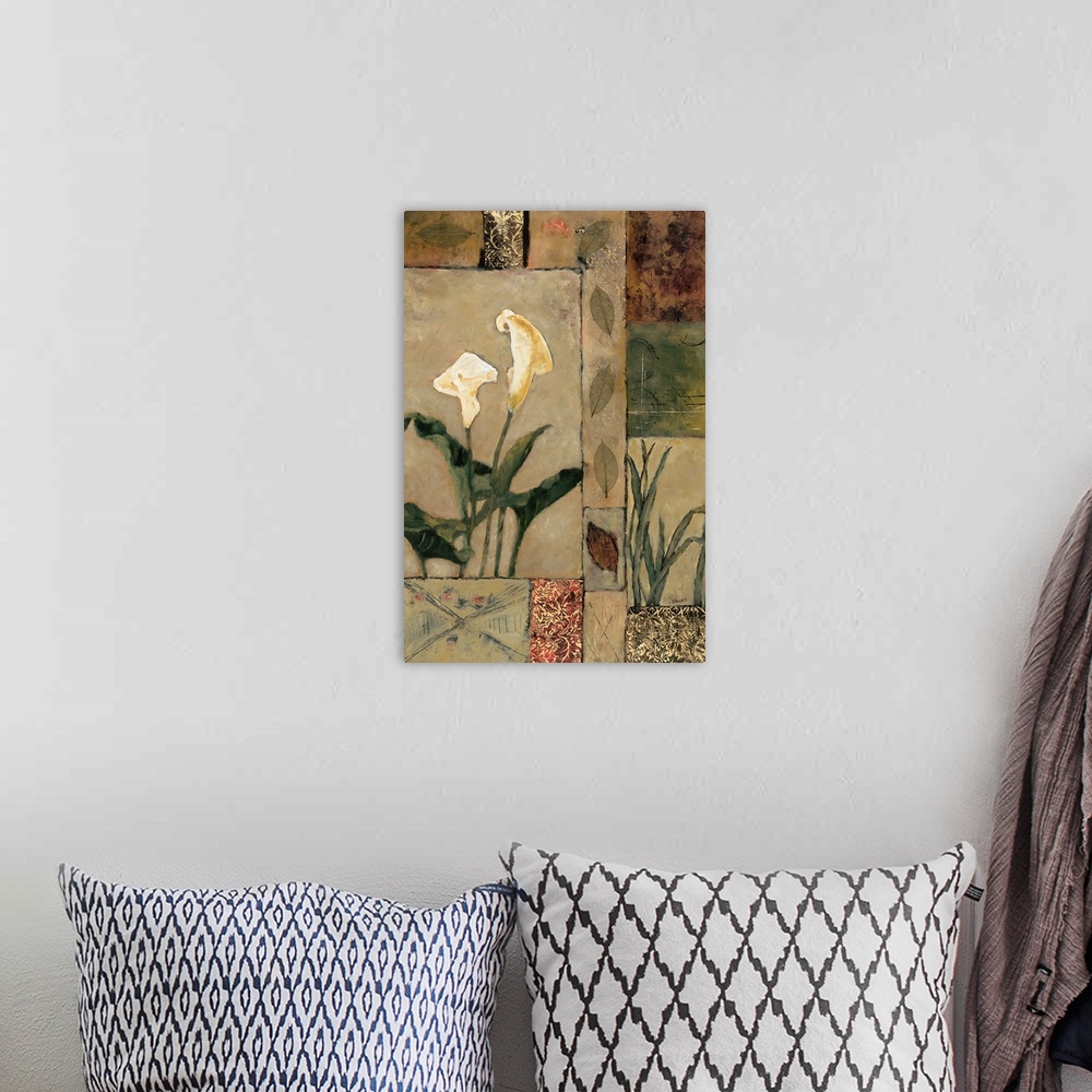 A bohemian room featuring Contemporary painting of calla lily blooms with leaves over a geometric style background.